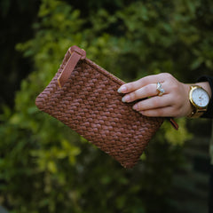 Coffer Mini Handwoven Leather Zipper Clutch-Tan Brown