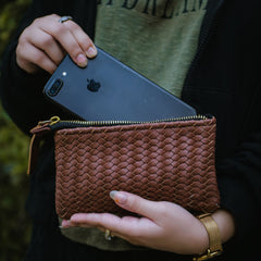 Coffer Mini Handwoven Leather Zipper Clutch-Tan Brown