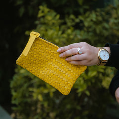 Coffer Mini Handwoven Leather Zipper Clutch-Yellow