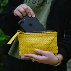 Coffer Mini Handwoven Leather Zipper Clutch-Yellow