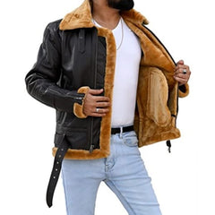 Premium Shearling Fur Leather Jacket-Brown