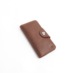 Tri-Fold Pure Leather Long Wallet With Button Closure-BROWN