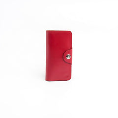 Tri-Fold Pure Leather Long Wallet With Button Closure-RED