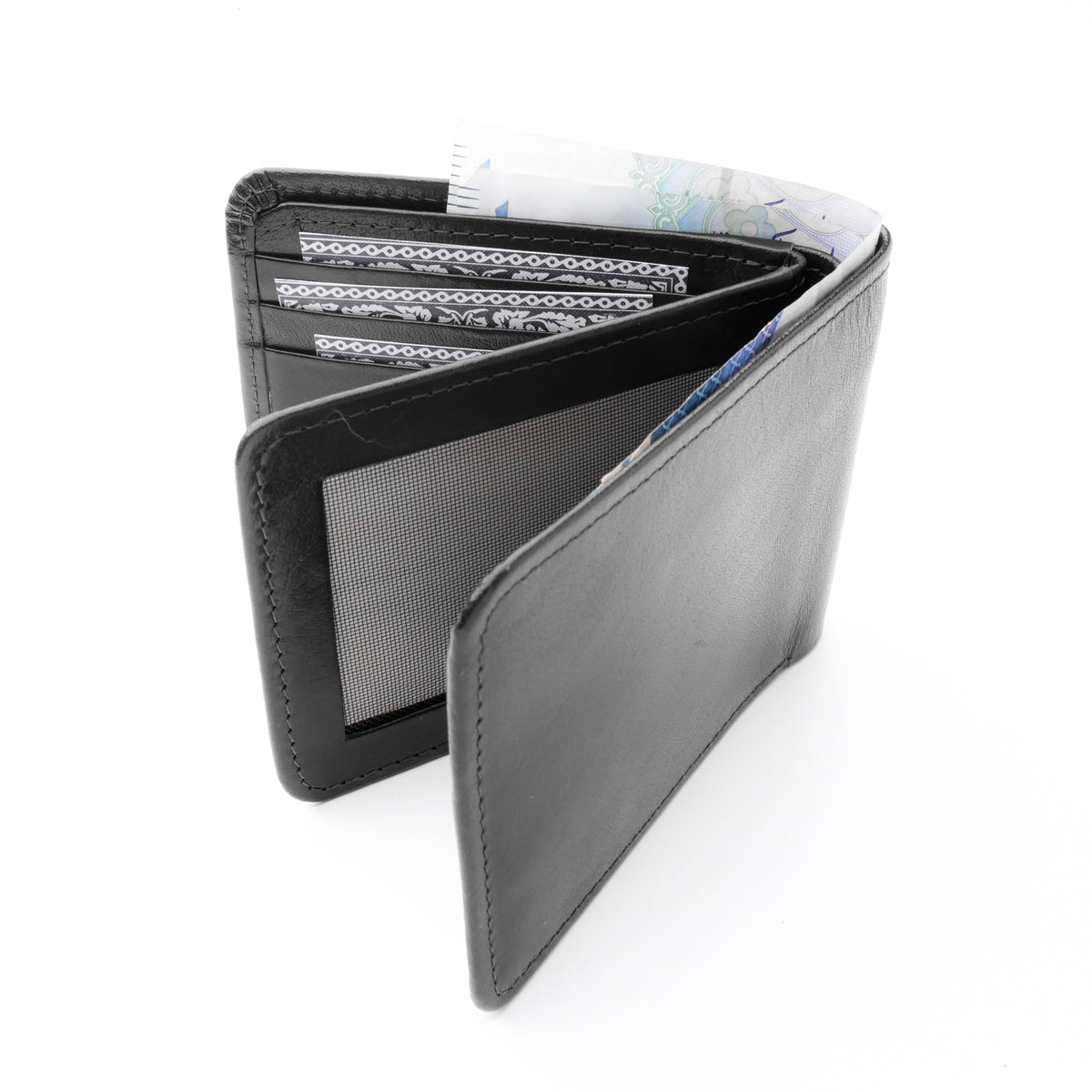 Three Pocket Geniune Leather Mens Wallet- Black