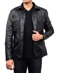 5-Button Men Lambskin Leather Blazer-Black