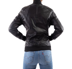 Womens Bomber Leather Jacket-Black