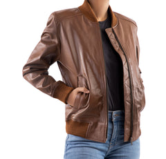 Womens Bomber Leather Jacket-Cognac