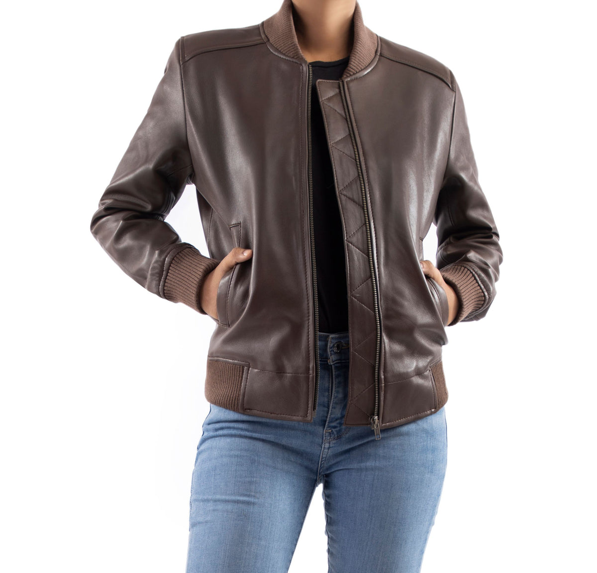 Womens Bomber Leather Jacket-Brown