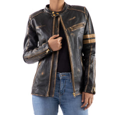 Distressed Café Racer Vintage Leather Jacket Women-Black