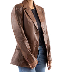 Classic 2-Button Lambskin Leather Blazer Women-Cognac